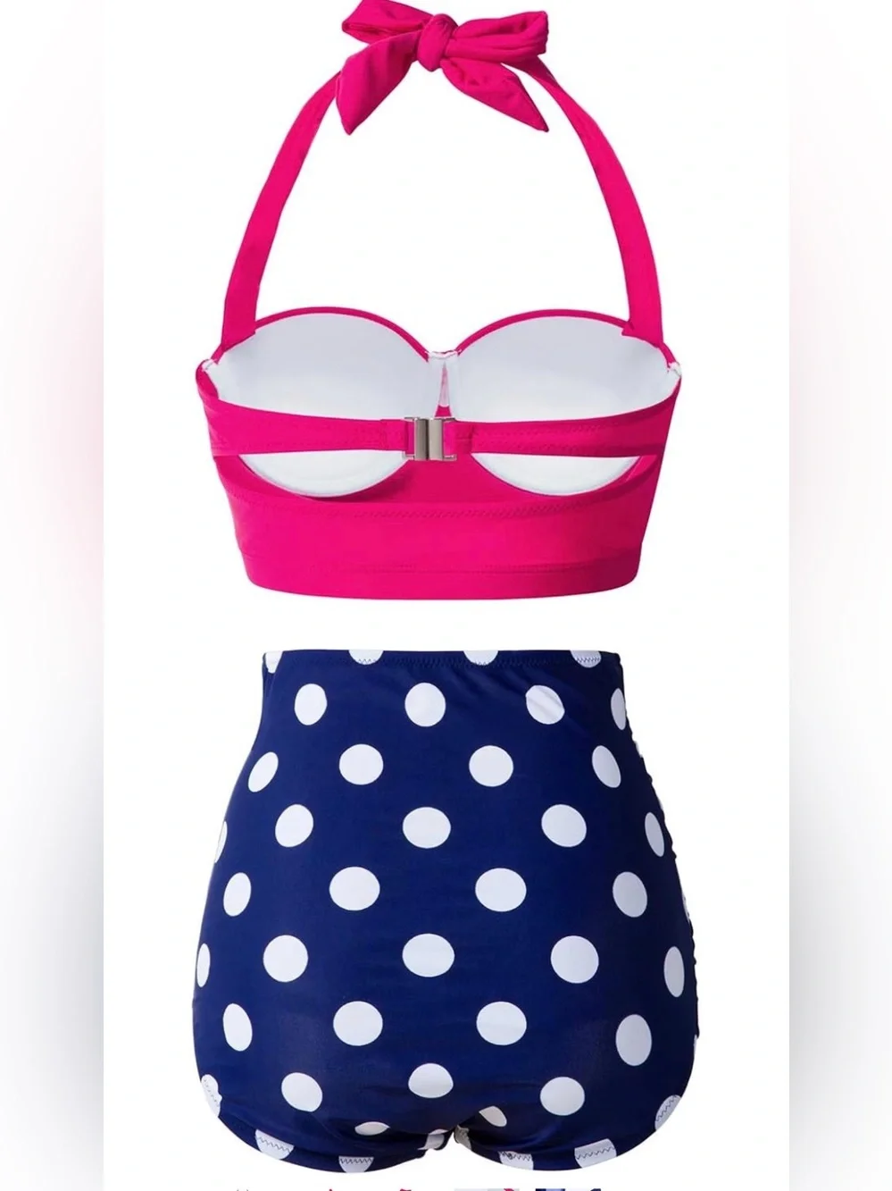🌞Pink Bandeau Halter Bikini Top with Navy White Polka Dot Skirted Bottom
